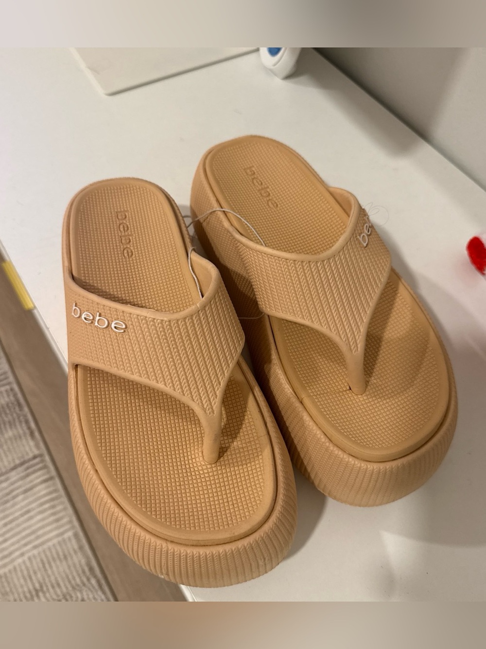 bebe Beige Platform Thong Sandals